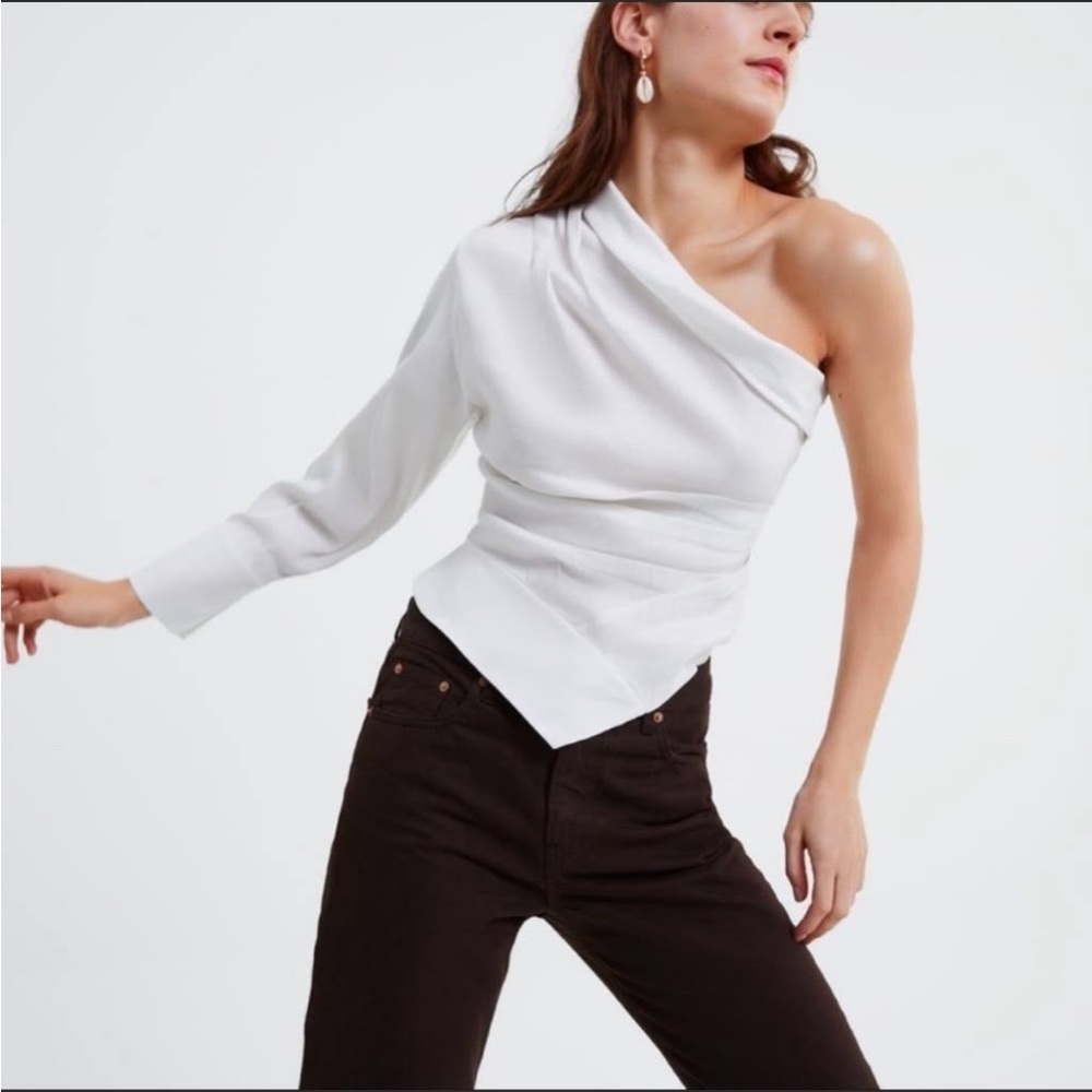 Zara One Shoulder Linen Blend White